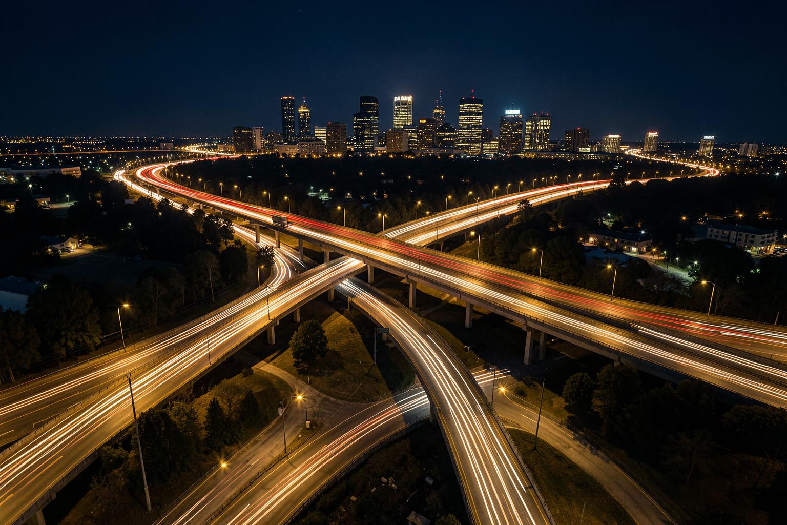Aerial night view of an Atlanta highway interchange with light trails