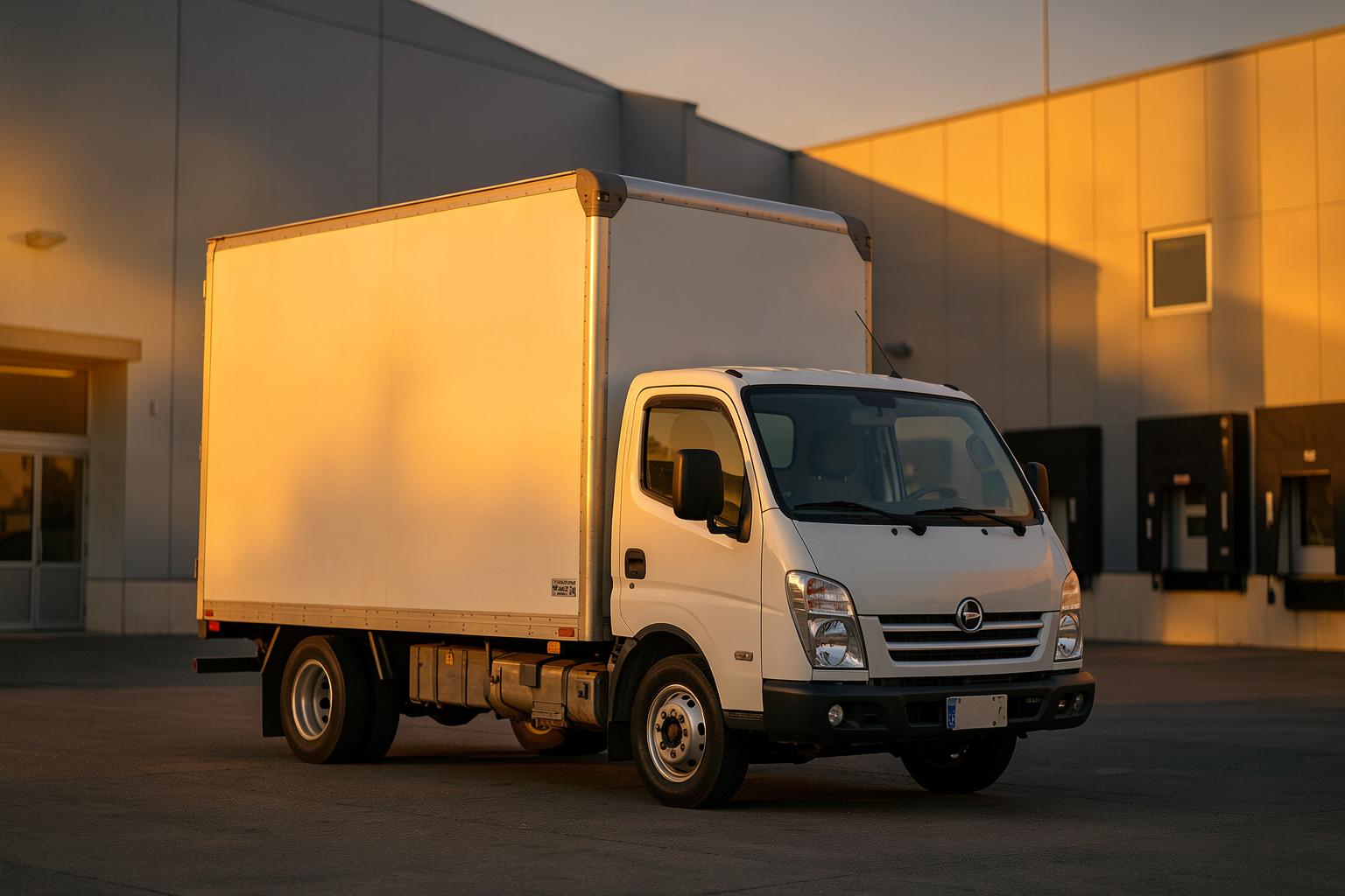White box truck at a logistics warehouse at golden hour