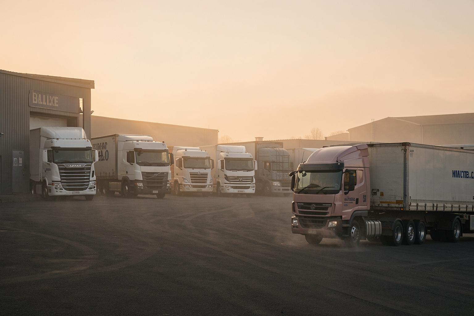 Row of semis and box trucks in a freight yard at dawn